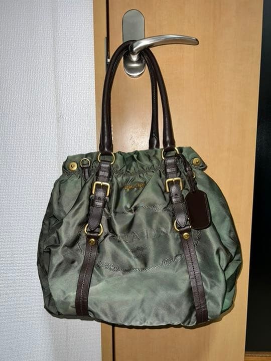 PRADA Handbag Shoulder Tote Leather Nylon Khaki From Japan Prada