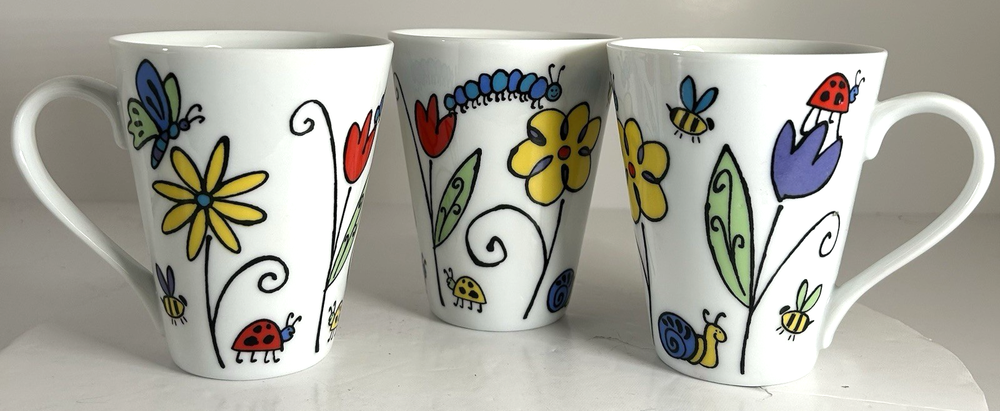 Riviera Van Beers Garden Friends Set of 3 Tall Floral Bug Mugs