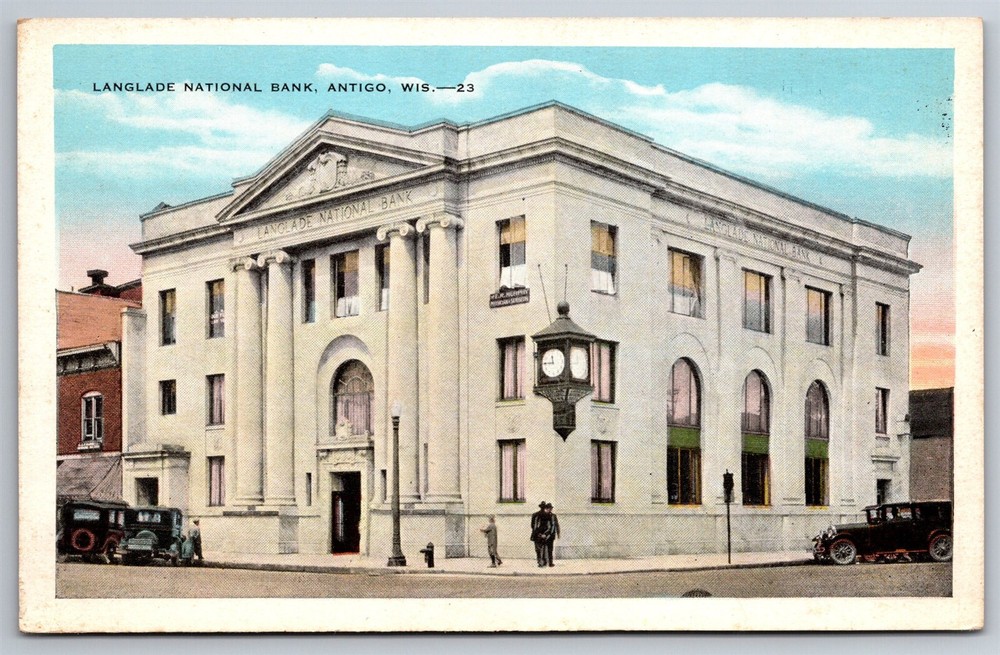 Langlade National Bank Unusual Clock Antigo WI C1910's Postcard U21