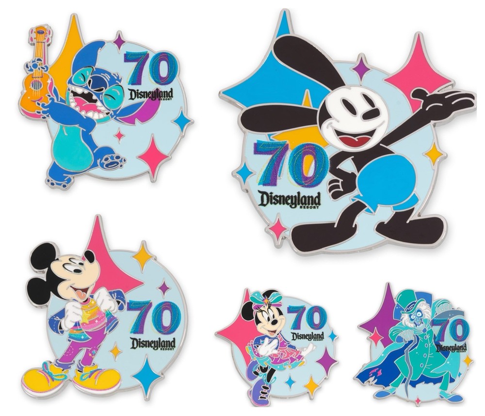 Disneyland 70th Anniversary Pins Mickey Minnie Oswald Hatbox Stitch NEW In Hand