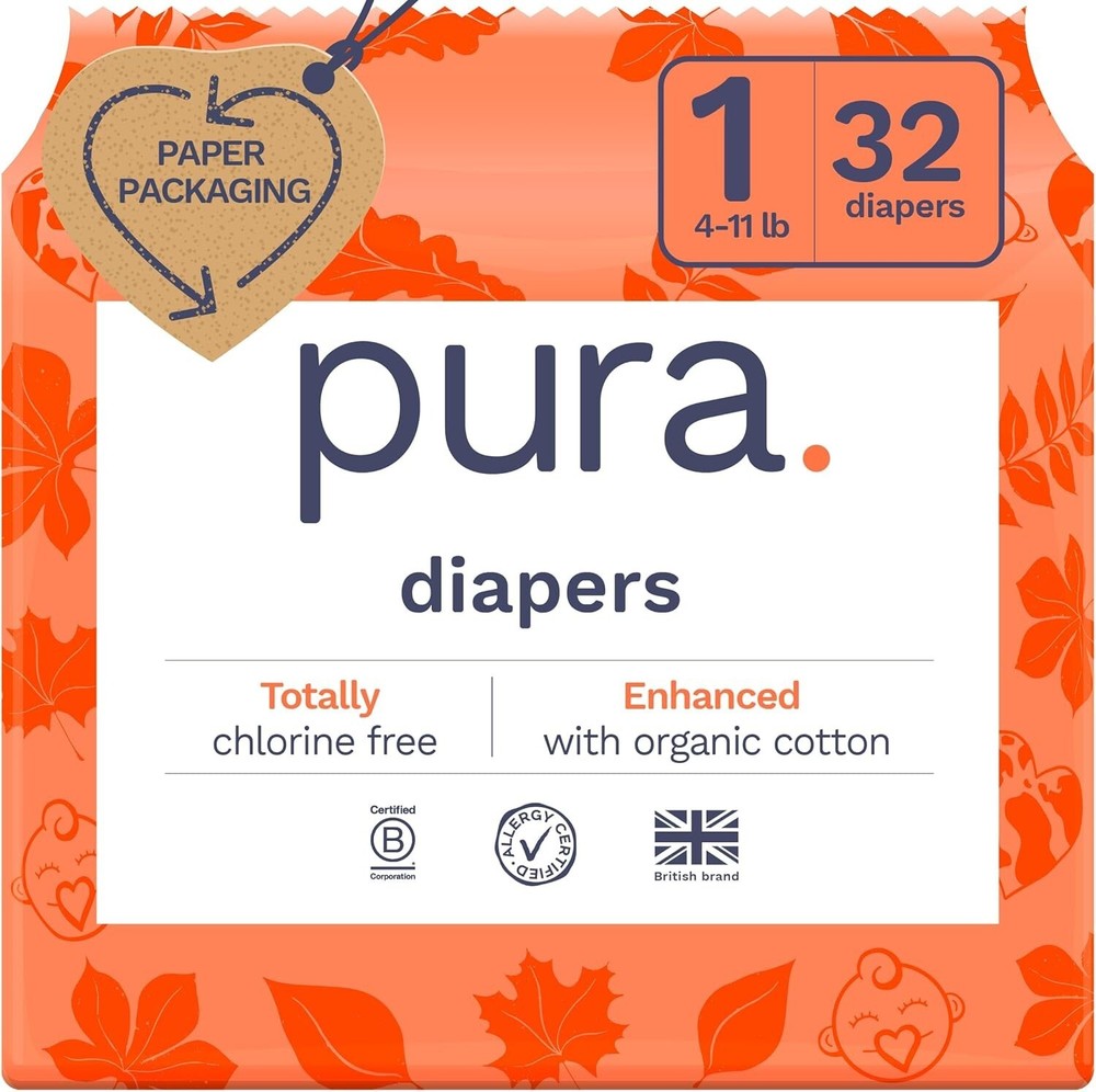 Pura Size 1 Diapers Eco-friendly (4-11Lbs) Hypoallergenic, Soft Organic Cotton