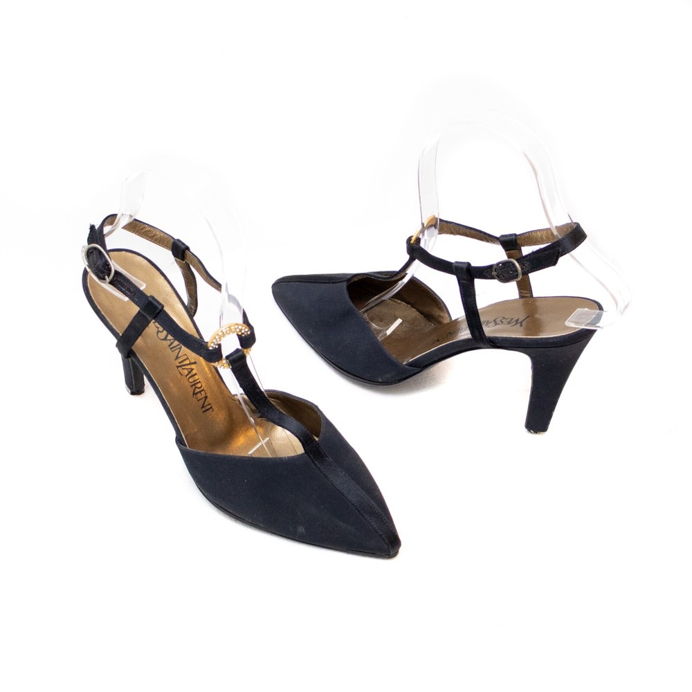 Yves Saint Laurent Black Satin T-Strap Heels Rhinestone Buckle Size 6 Vintage