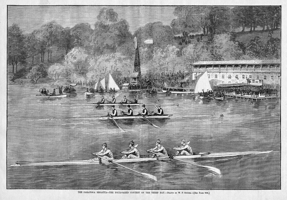 REGATTA OARSMEN SARATOGA FOUR-OARED BOAT-RACE 1879 SCULLING SPECTATORS ROWING