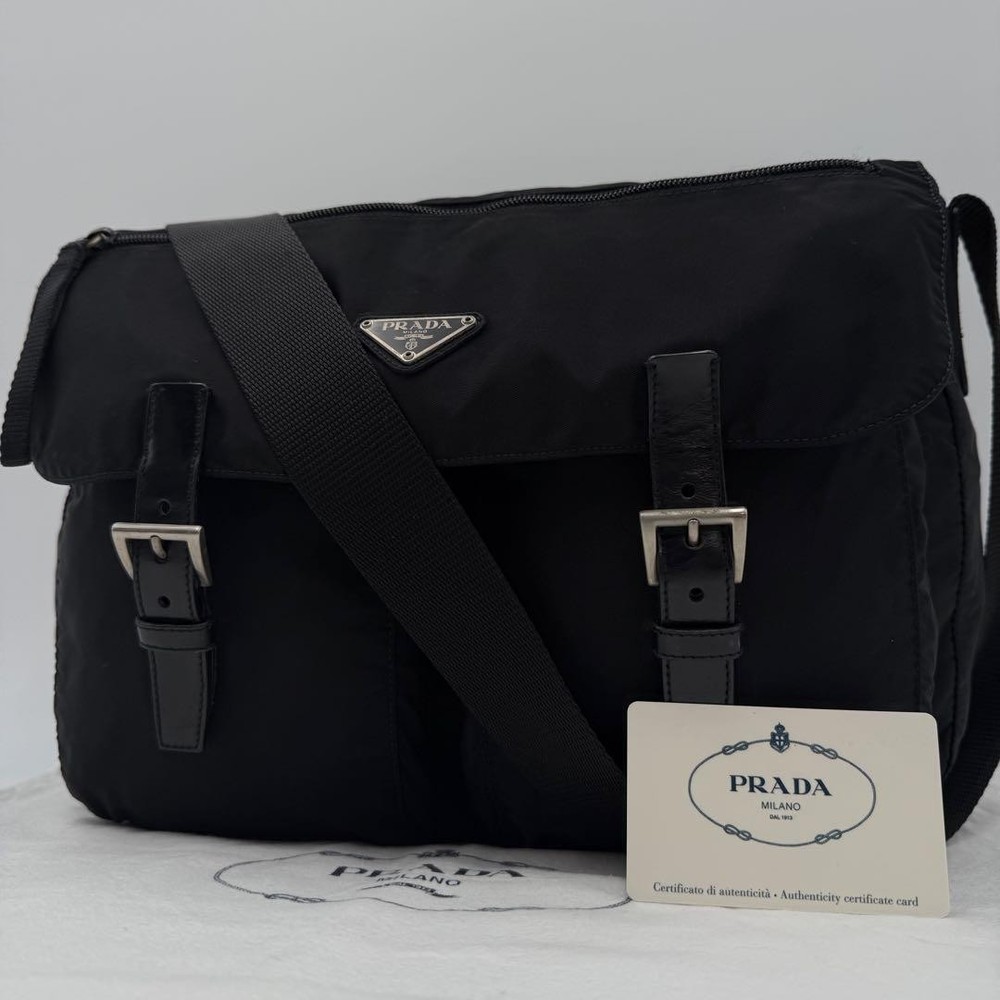 Prada Black Nylon Messenger Bag with Leather Triangle Logo