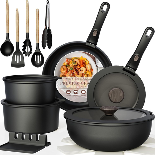 Astercook 21-Piece Nonstick Cookware Set in Black for Complete Kitchen Needs