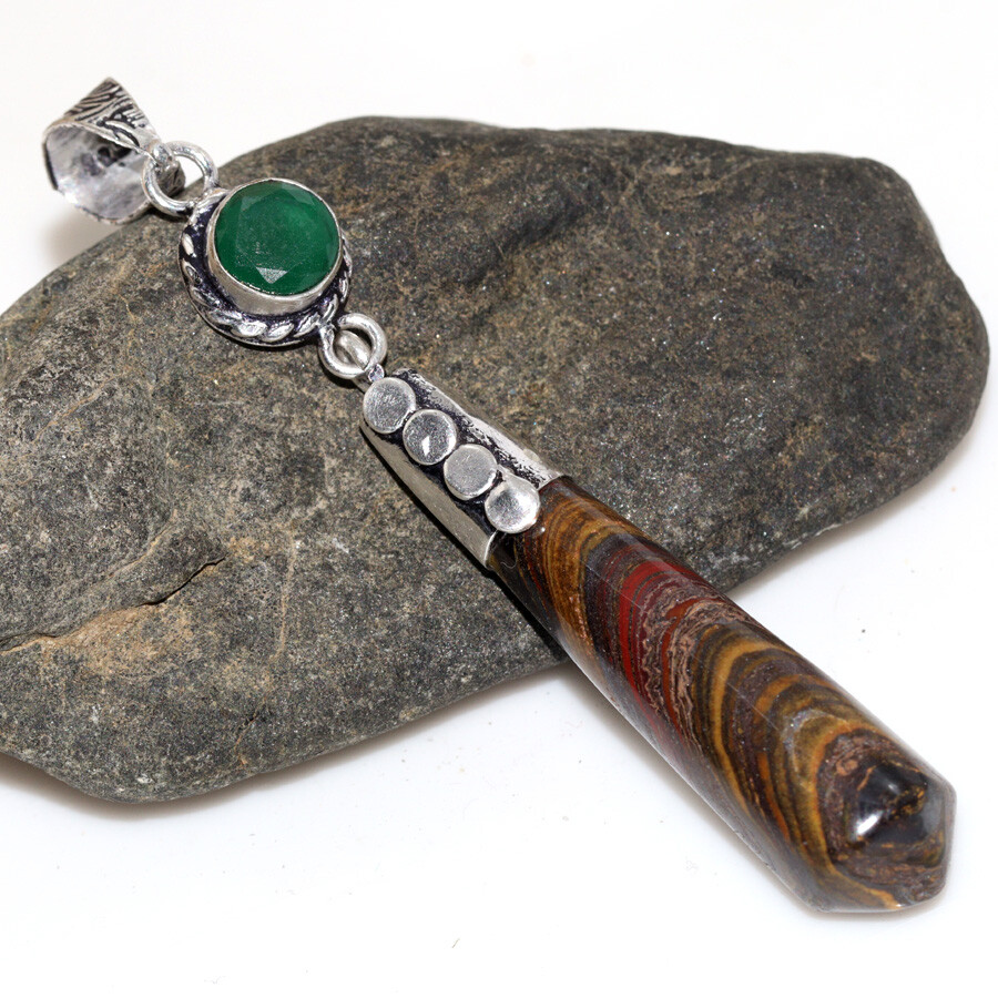 Tiger Eye Green Onyx 925 Silver Plated Statement Pendant 3 Inch JW