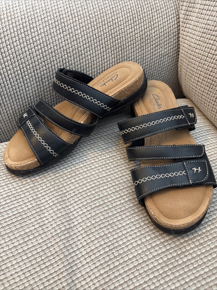 Clarks Women Roseville Bay Black Leather Slide Sandals Size 8.5 M