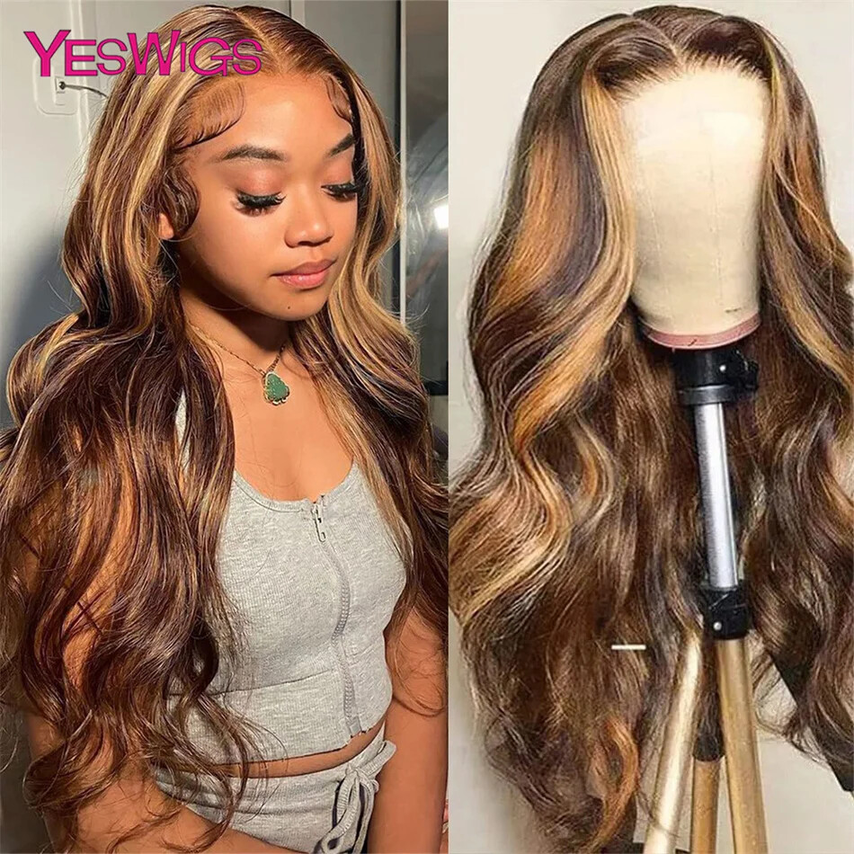 Honey Blonde Body Wave Human Hair Lace Front Wig Highlighted