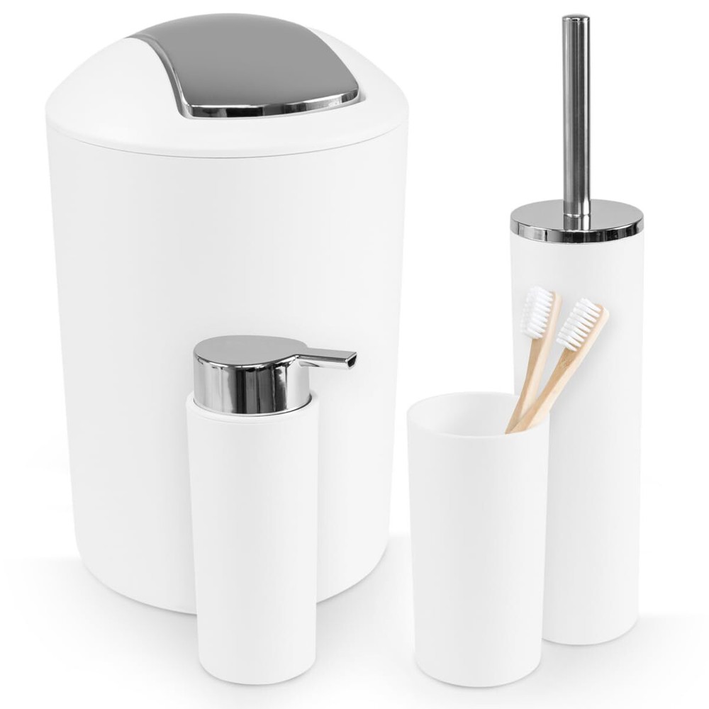 White Bathroom Accessories, 4 Piece Set, Toothbrush Cup, Trash Can, Soap Disp...