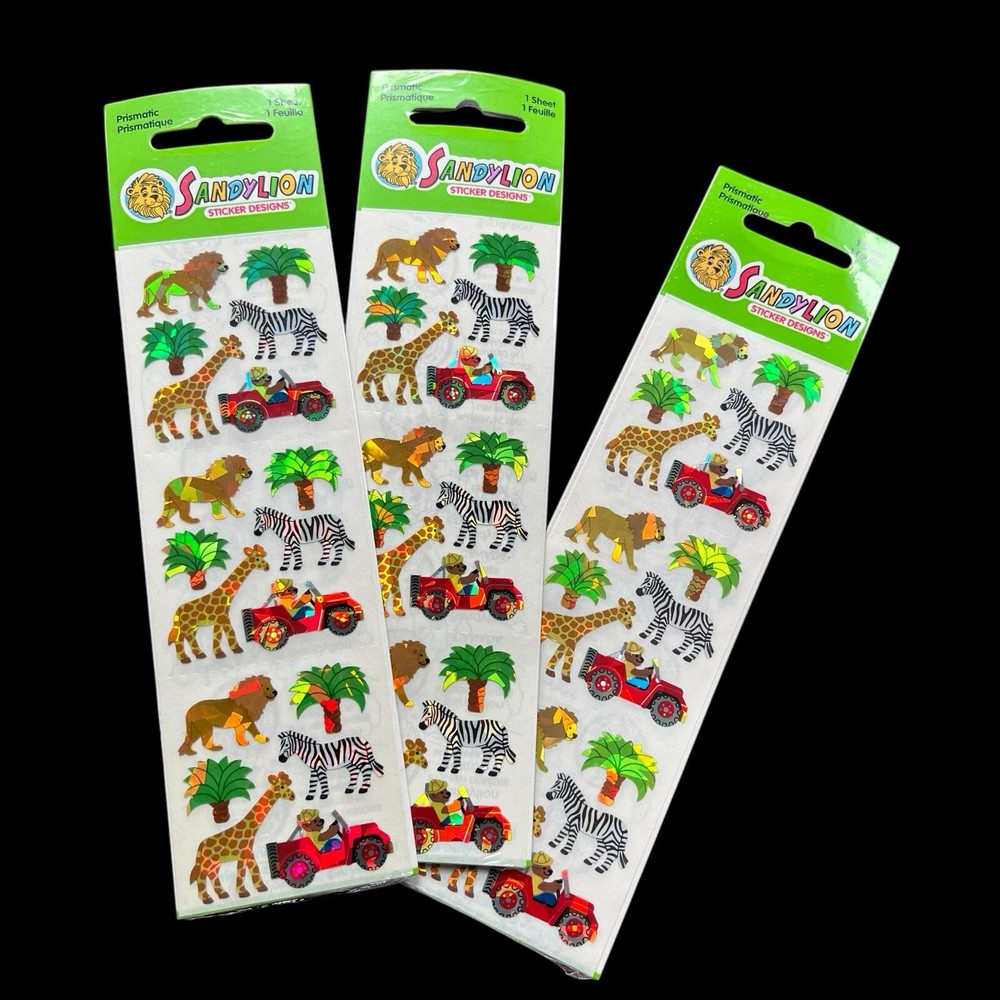 Sandylion Vintage NIP Safari Stickers Prismatic Sheet Zebra Lion Jeep Bear Y2K
