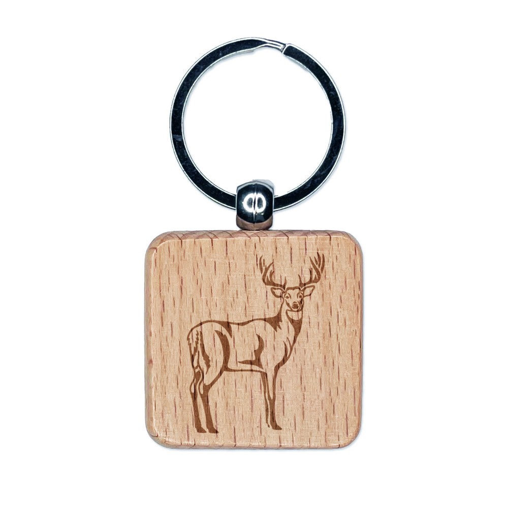 White-Tailed Deer Buck Hunting Forest Engraved Wooden Square Keychain