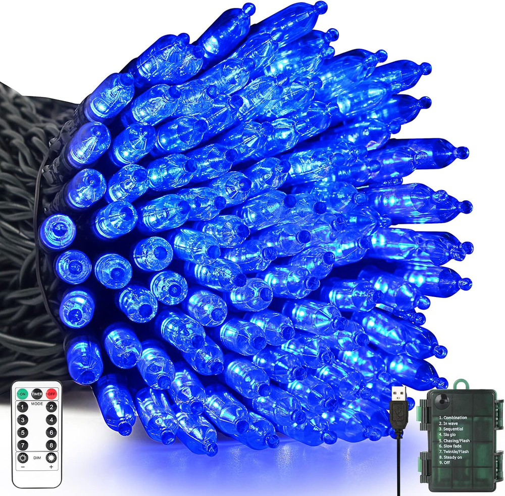 Blue Christmas Lights Battery Operated or USB Charging, 33FT 100 LED Christmas T