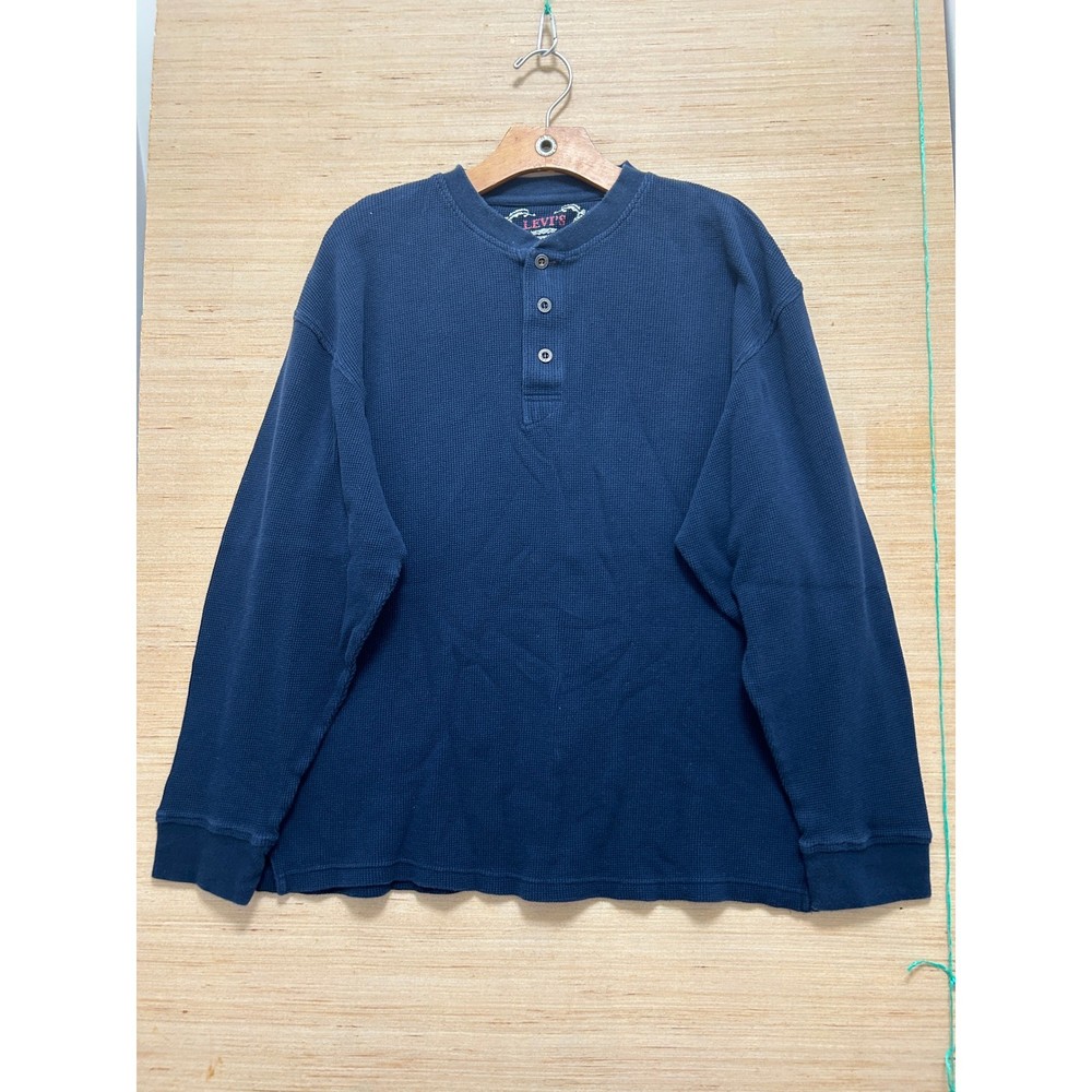 Levis Mens Navy Blue Waffle Knit Thermal Henley Long Sleeve Sleepwear Shirt L