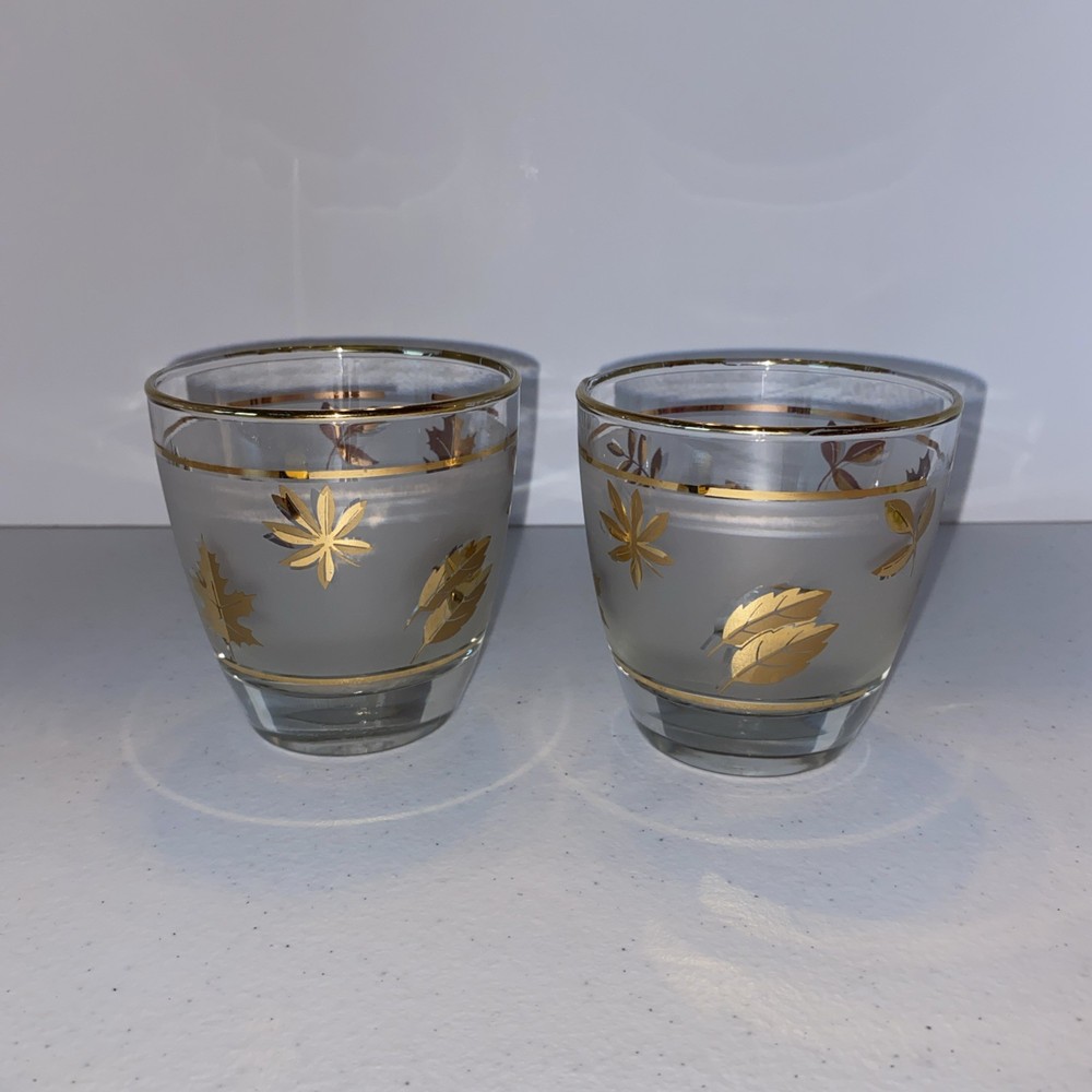 Vintage Libbey MCM frosted golden foliage short glasses set of 2
