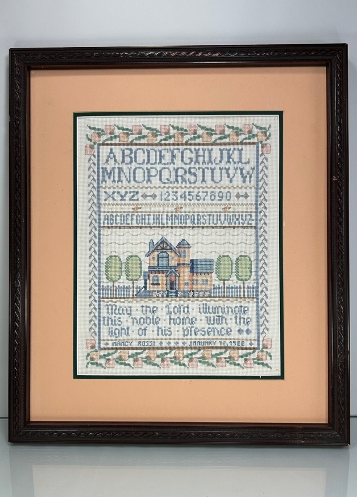 Vintage Cross Stitching Alphabet Wall Art by Nancy Rossi 1987 Framed Dark Wood