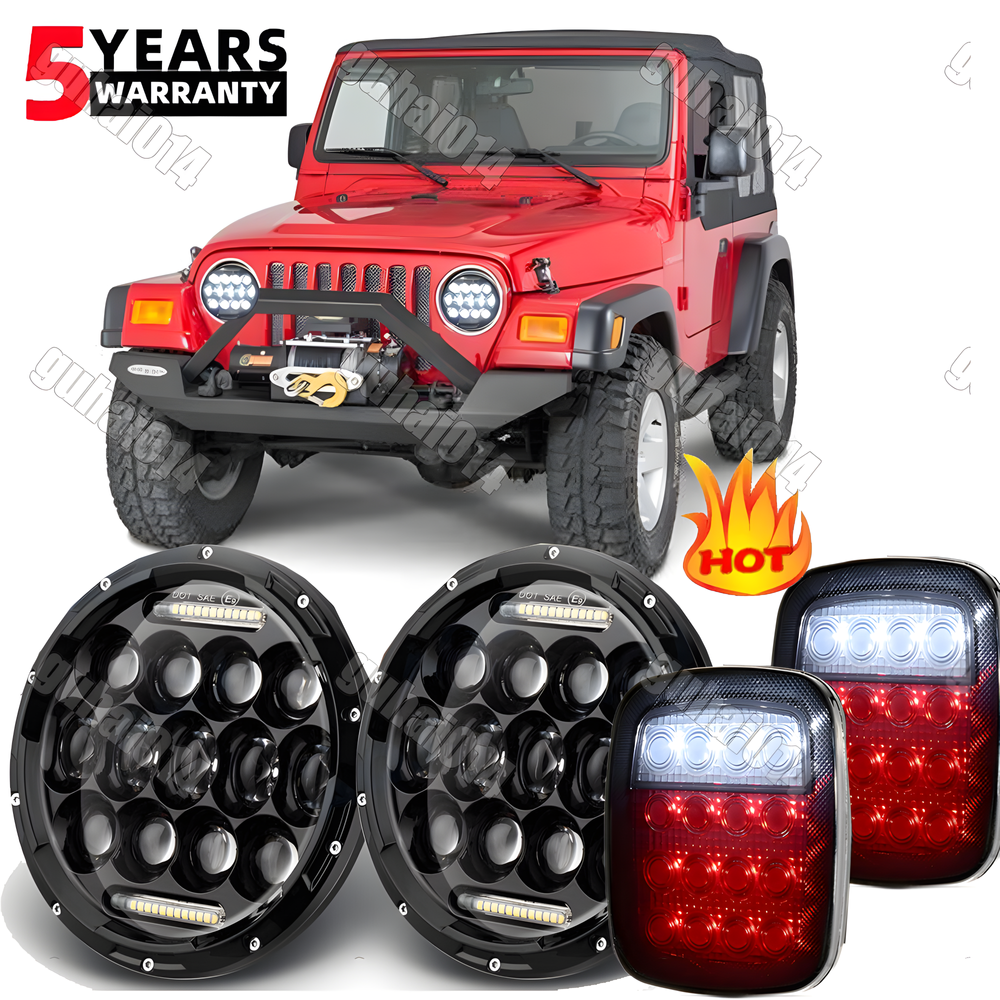 4Pcs LED Headlights High Low DRL Beam+Tail Lights Kit For 97-06 Jeep Wrangler TJ