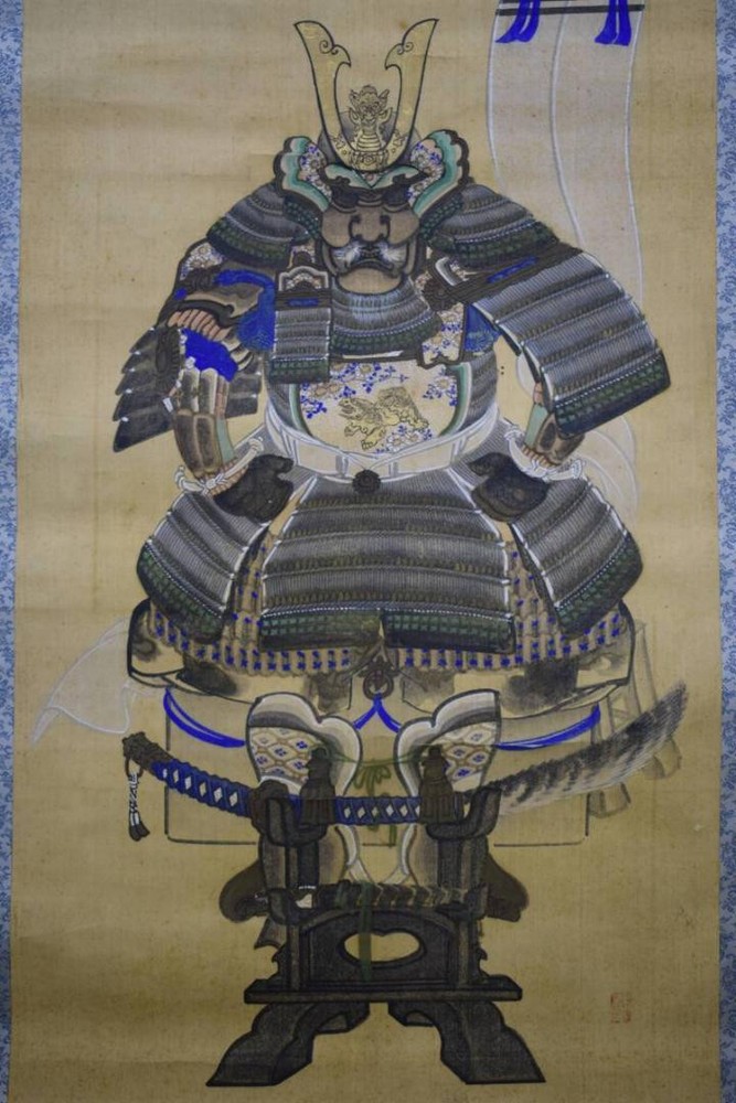 SAMURAI KABUTO YOROI ARMOR UKIYOE ART Hanging Scroll 70 inch Old Japan KAKEJIKU