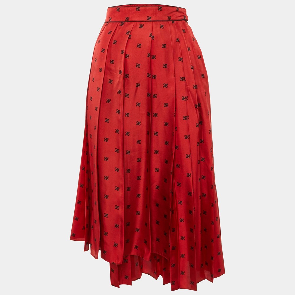 Fendi Red Karligraphy Print Silk Pleated Midi Skirt S