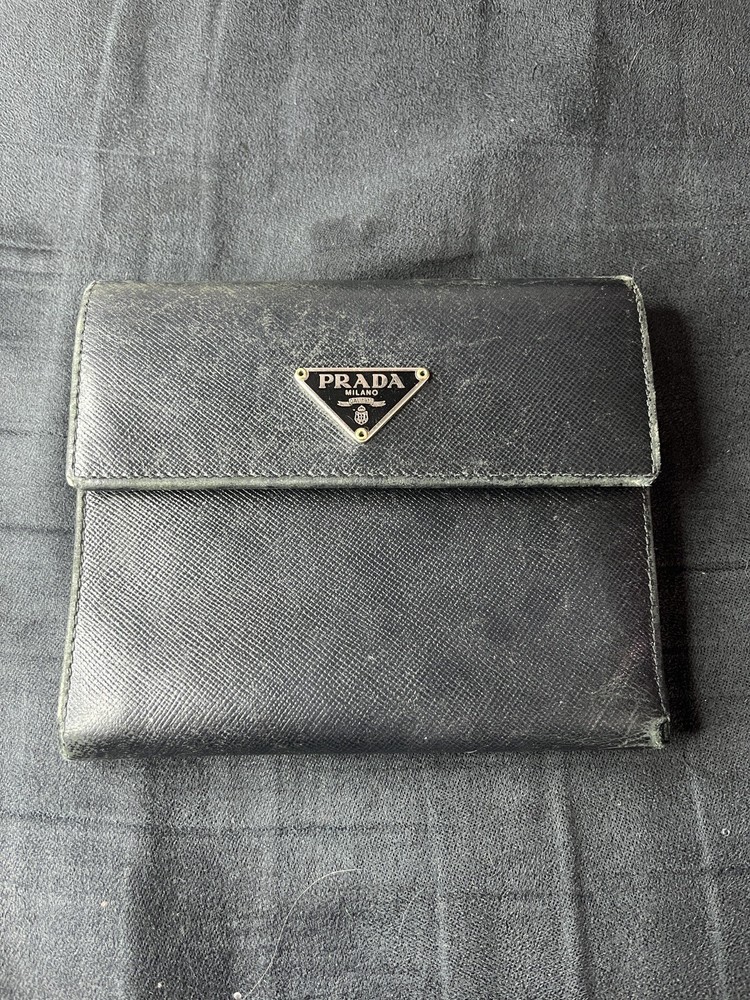 Prada Bi-Fold Leather Wallet in Black - Preloved Condition with Photos