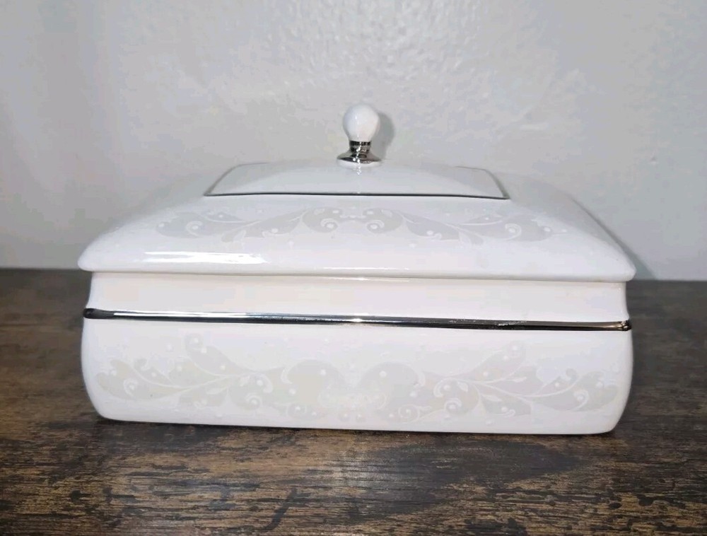 Lenox Opal Innocence Porcelain Jewelry Trinket Box with Silver Accent Details