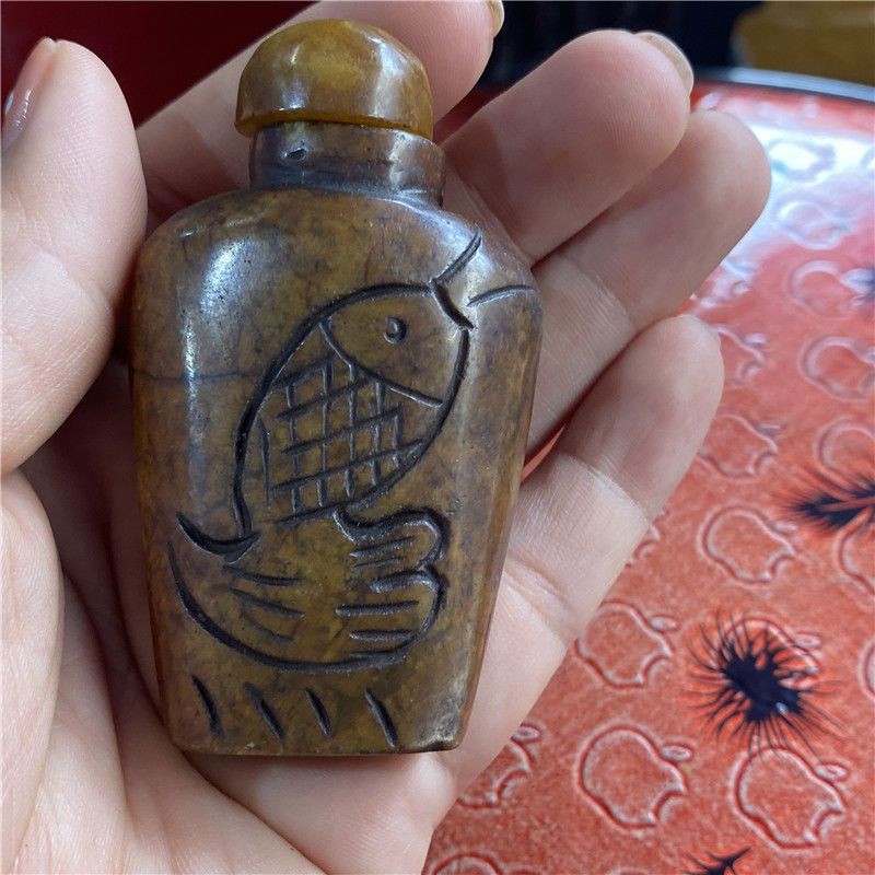 Antique Jade Fish Snuff Bottle Ancient Jade Bi Carving Collectible Ornament