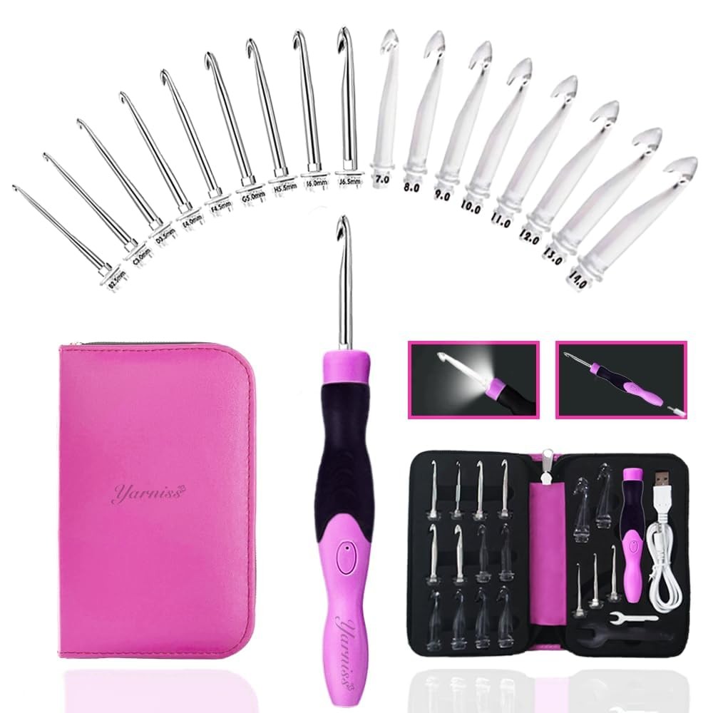 17-Piece Lighted Crochet Hooks Set 2.5-14mm Rechargeable Metal Needles for Knitting