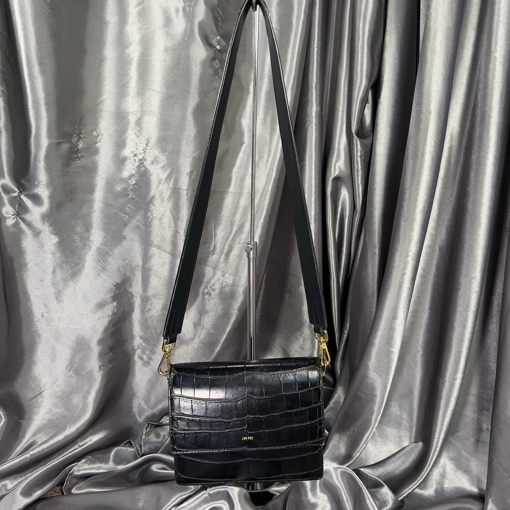 JW PEI Mini Flap Shoulder Bag in Black Croc Embossed Vegan Leather with Magnetic Lock – Stylish, Compact, and Eco-Friendly Design