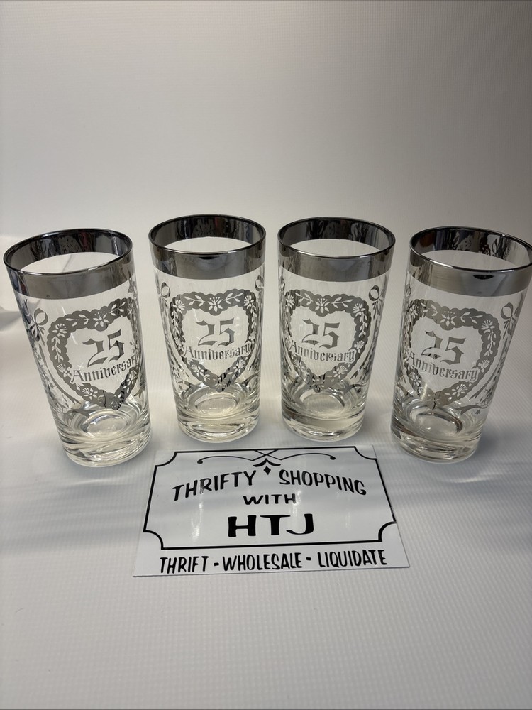 Vintage 25th Anniversary 4-Piece Drinkware Set with Clear Silver Heart & Rim Design