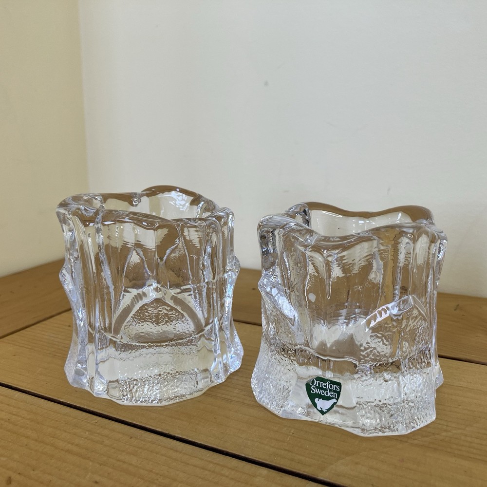 Orrefors Sweden Capella Glass Candle Holder Set of 2 Votive 3 Inch Tall