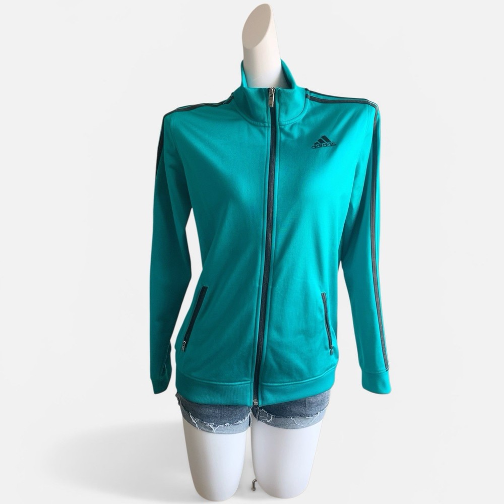 Adidas Teal Track Jacket Zip Up High Neck Striped L Women Sport