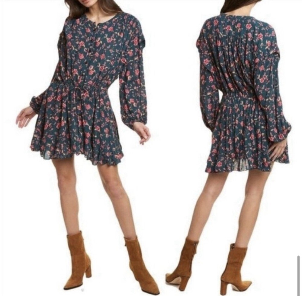 Women's Free People Flower Fields Floral Minidress Green Sz S Emerald Combo NWT