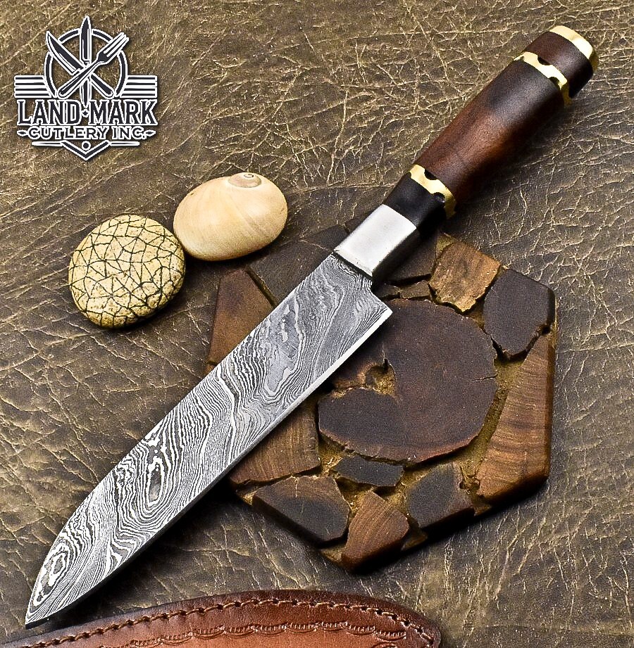 CUSTOM HANDMADE DAMASCUS KITCHEN CHEF KNIFE WITH ROSE WOOD BRAAS SPACER HANDLE