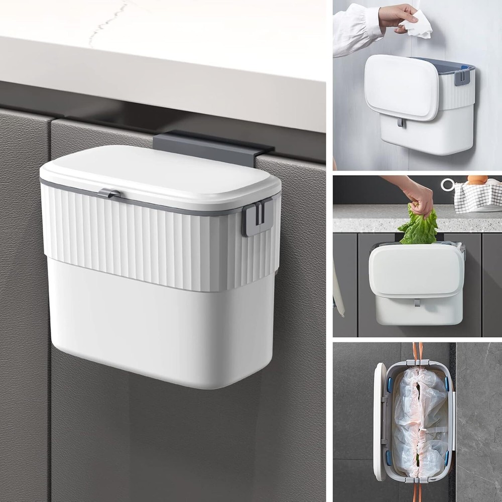 Kitchen Compost Bin with Lid 1.8Gall Hanging Trash Can with Lid, 7L Wall-Mounted