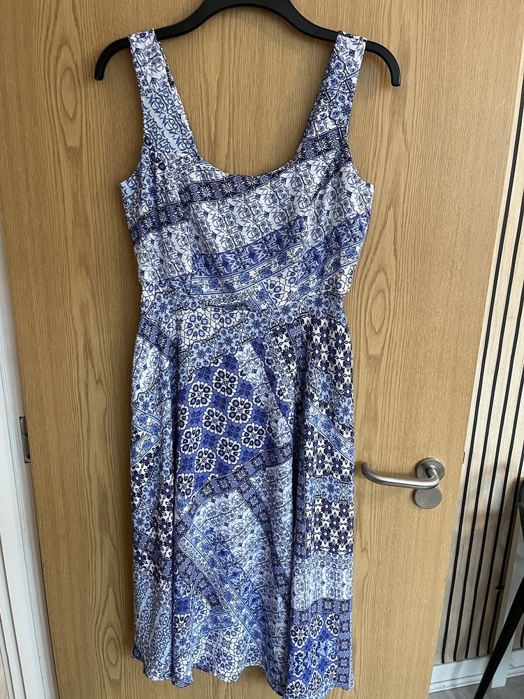 Blue Patterned Zip Back Dress Size 14