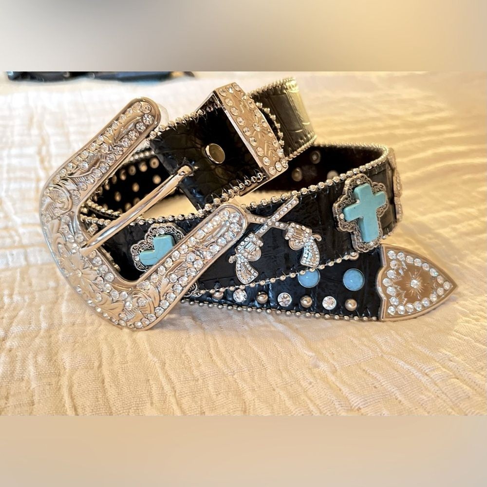 Turquoise Rhinestone Western Belt with Double Pistol Design, Large