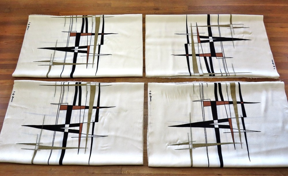 4 Vintage MCM Hand Printed by Lamar Geometric Barkcloth Textile Panels 113x47