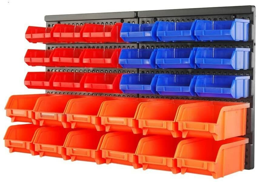 Wall Mounted Storage Bins Small Parts Organizer Garage Tool Rack 30 Bins