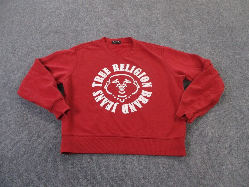 True Religion Sweatshirt Women M Red Big Logo Spellout Pullover Sweater Pullover