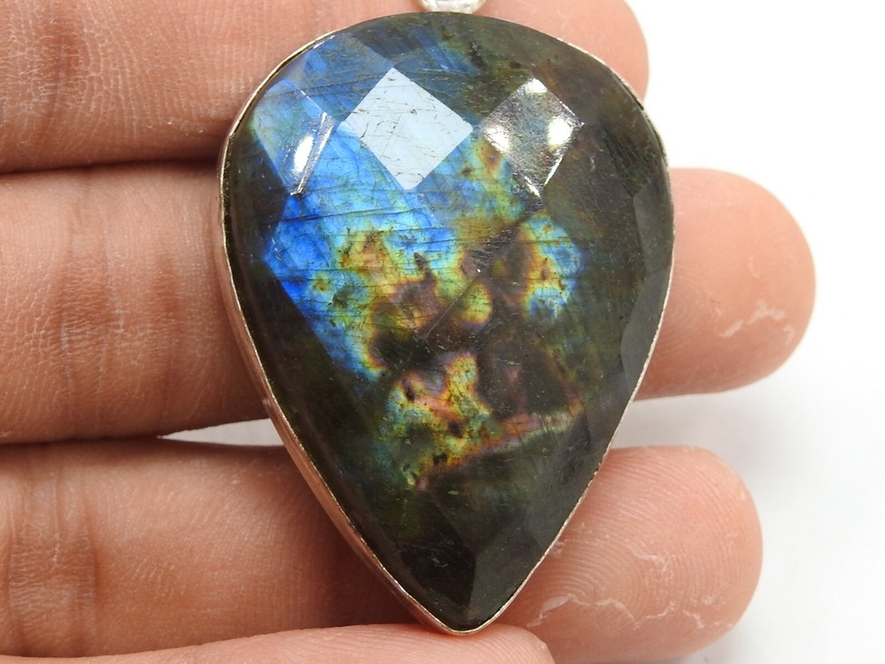 Christmas Gift Labradorite Brass Pendant Faceted Cabochon Multi Fire Jewelry