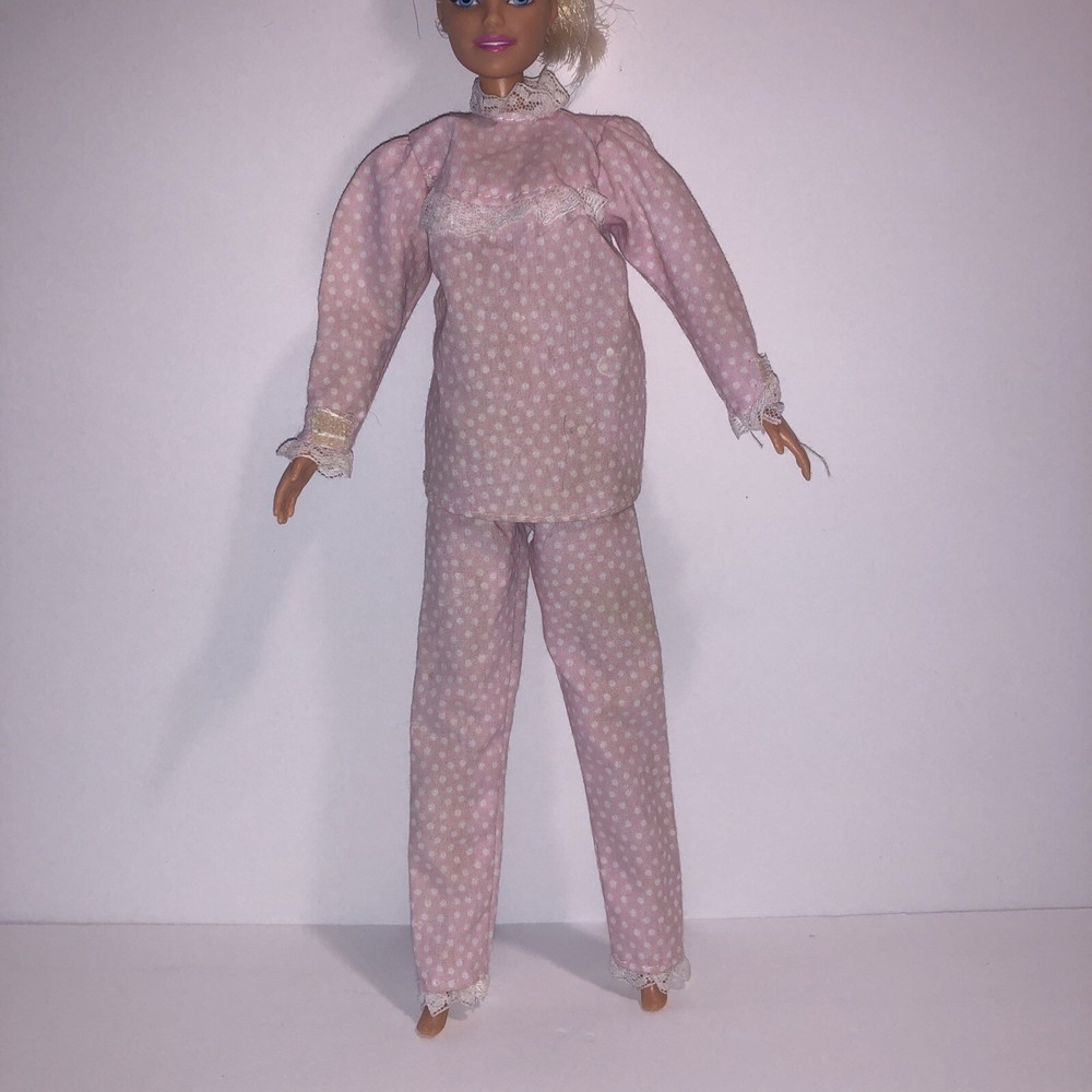 Vintage Barbie Clothes-2 Piece Pajama set With collar and lace Pink Polka-Dot