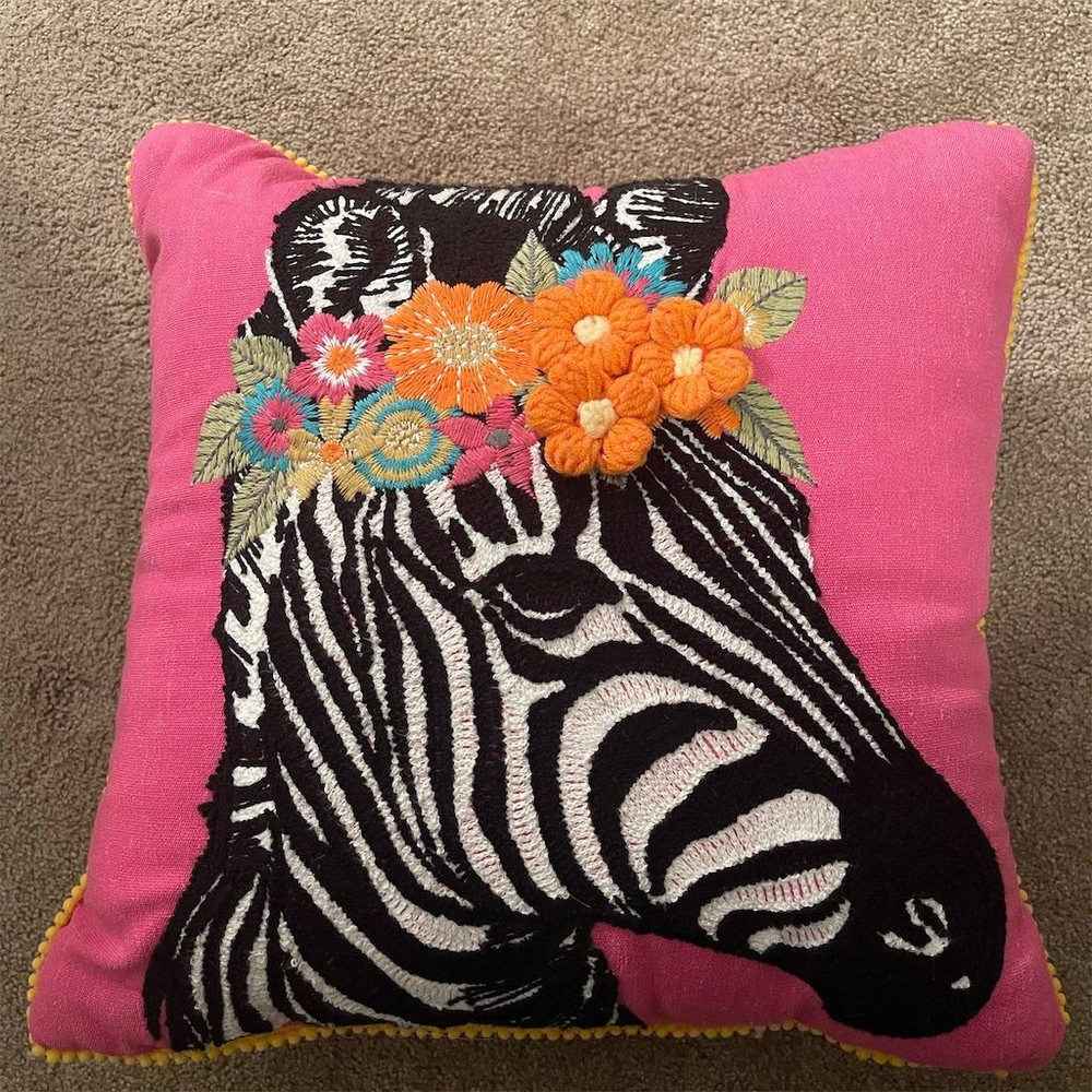 NWOT 16x16 Pink Zebra Floral Headband Embroidered Square Pillow