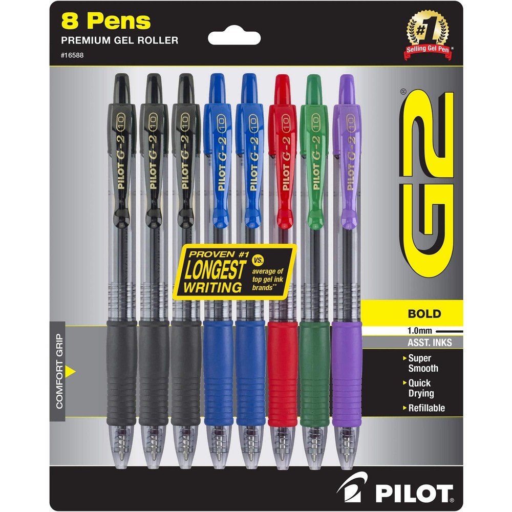 Pilot, G2 Premium Gel Roller Pens, Bold Point 1 mm, Pack of 8, Assorted Colors