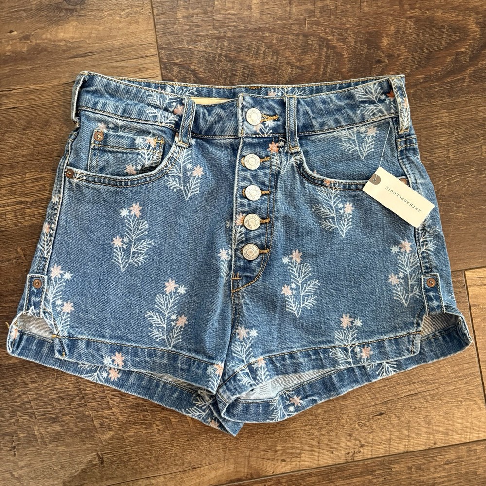 Anthropologie PILCRO Women’s Floral Denim Jean High Rise Shorts Button Fly 26