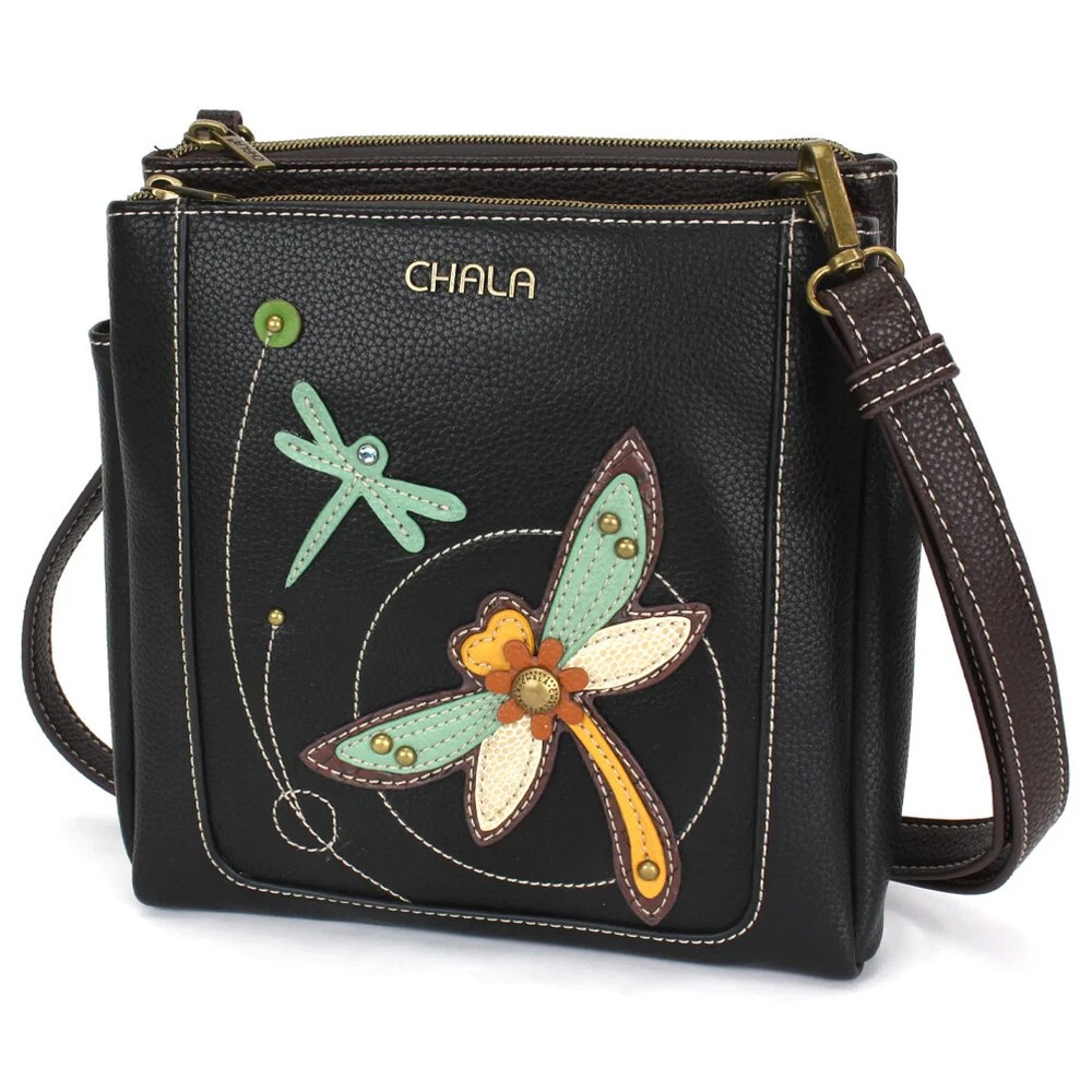 NEW CHALA BLACK DRAGONFLY MERRY MESSENGER CROSSBODY BAG PURSE FAUX LEATHER RFID