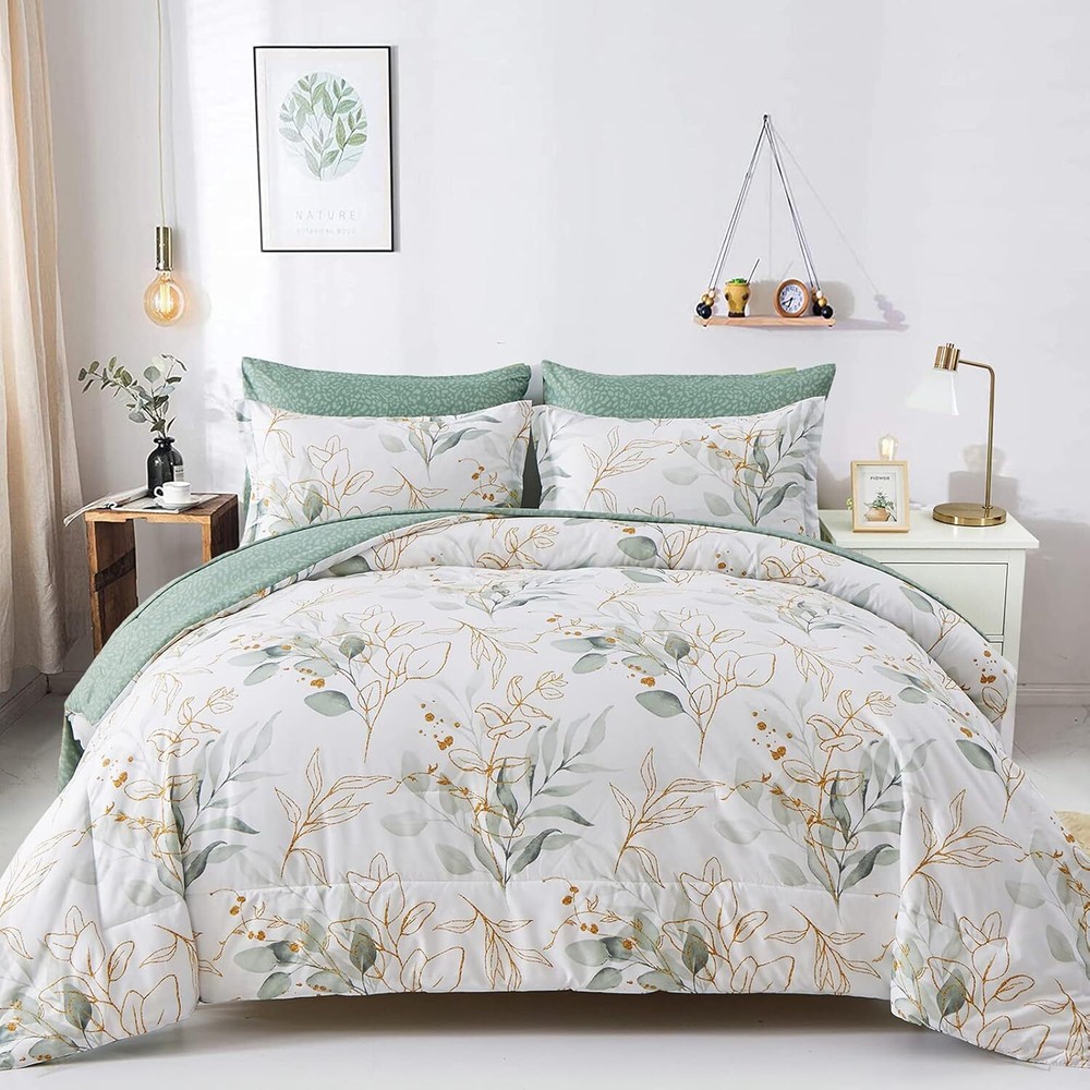 WONGS BEDDING Botanical Comforter Set Full, 7 Pieces Floral Reversible Bed in a