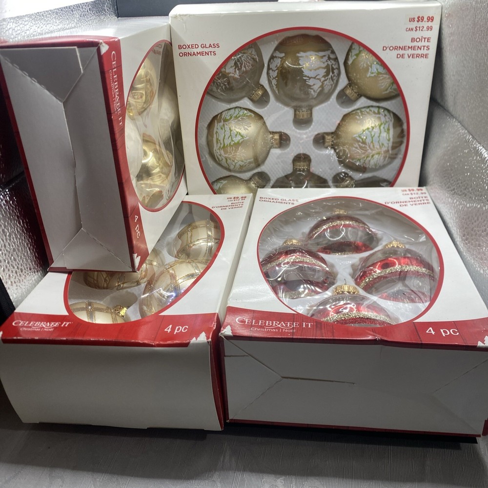4 Boxes=16 VTG Celebrate It Sparkling Glass Gold & Cream, Red Glitter Ornaments