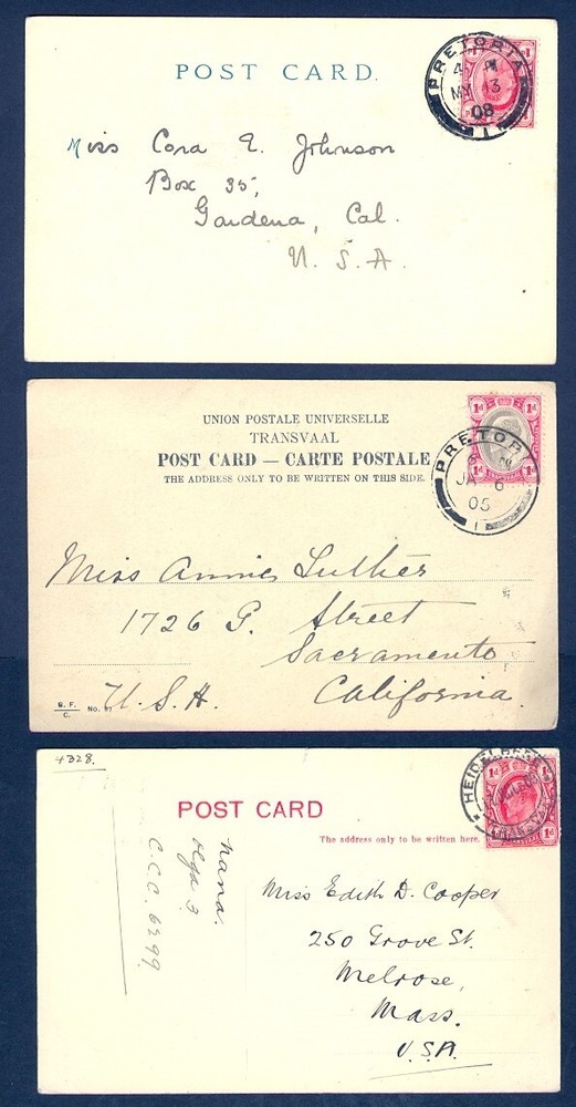 Transvaal set of 6 early PPC or UPU pictorial postcards mostly mailed to USA
