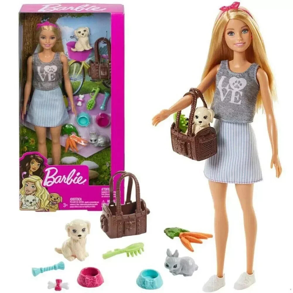 Barbie Animal Lovers Pets Playset With Puppy and Dog Basket & Accessories New