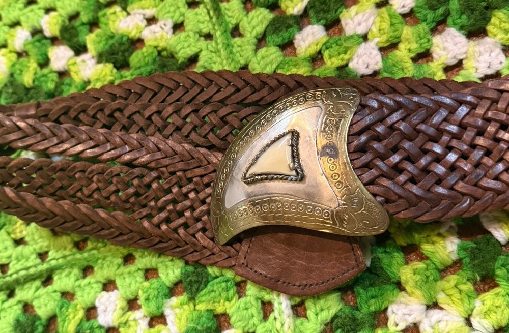 Chicos Womens Belt S/M Morocco Brown Braided Leather Metal Buckle Horn Wide Boho