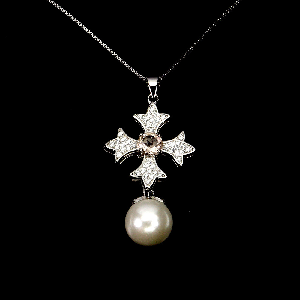 925 Sterling Silver Necklace Round Morganite 5mm Mop Gemstone Jewelry 18 Inches